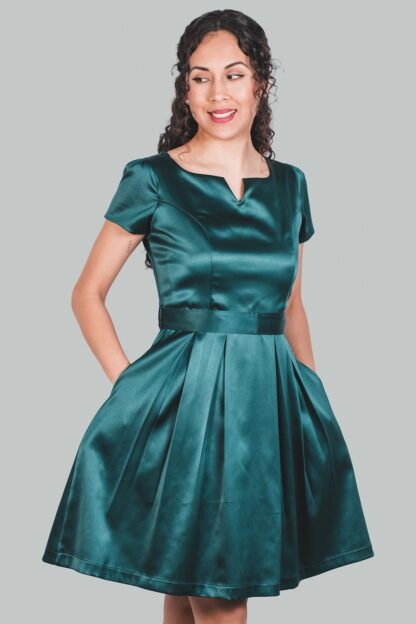 Vestido en A verde satinado Roberta - Imagen 3
