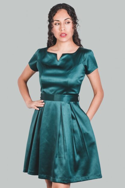 Vestido en A verde satinado Roberta - Imagen 5