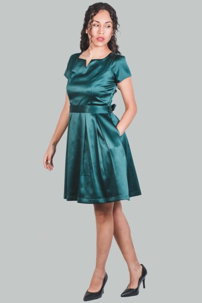Vestido en A verde satinado Roberta - Imagen 4