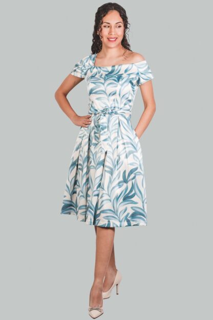 Vestido midi asimétrico celeste flores Kaelis