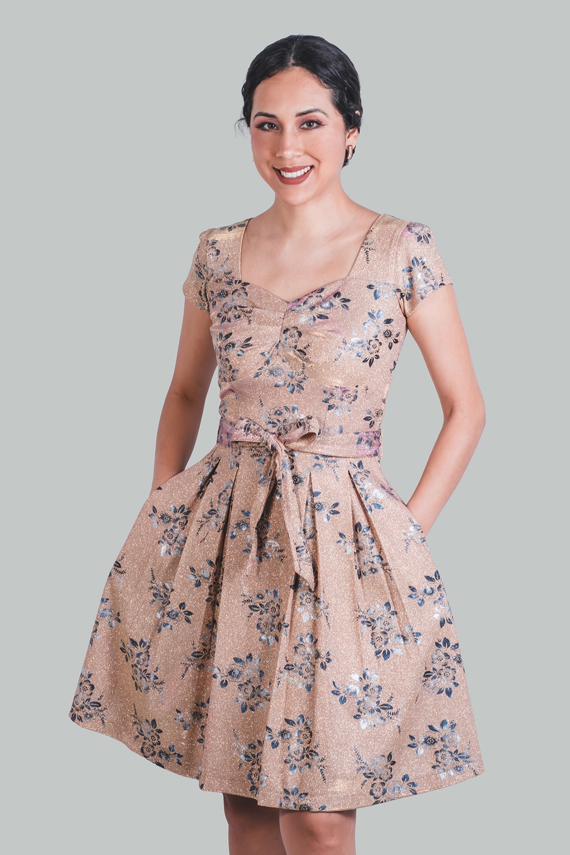 Vestido en A dorado tornasol flores Zafiro - Imagen 3