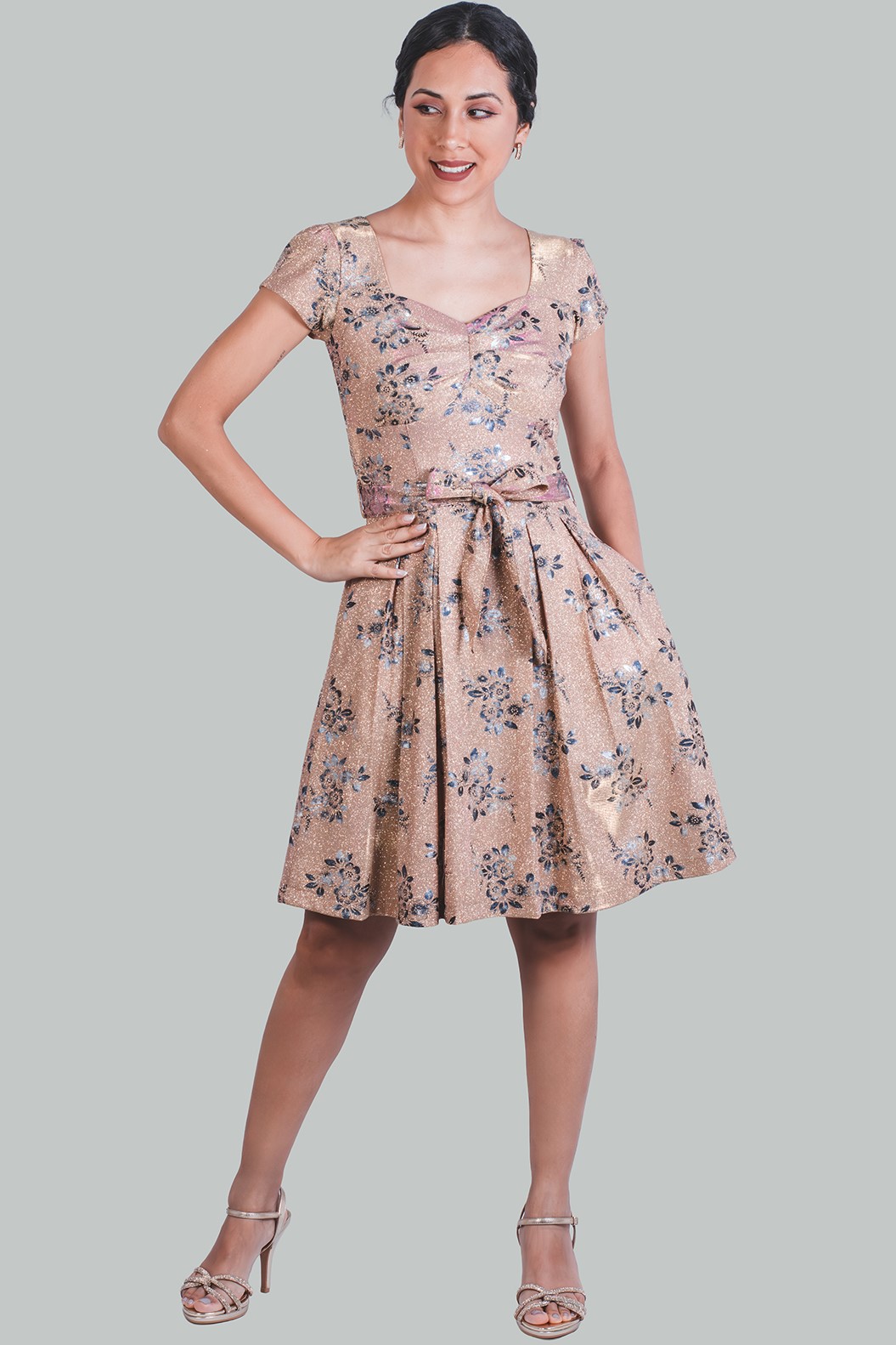 Vestido en A dorado tornasol flores Zafiro - Imagen 4