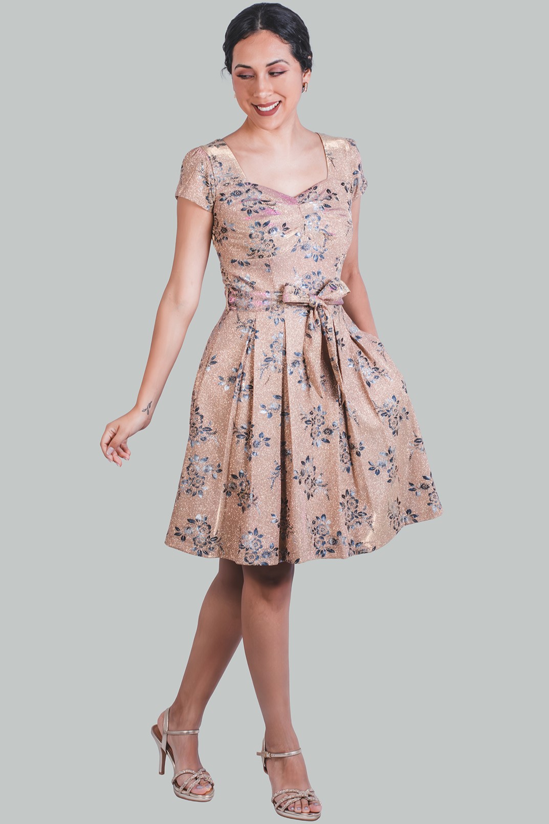 Vestido en A dorado tornasol flores Zafiro - Imagen 2